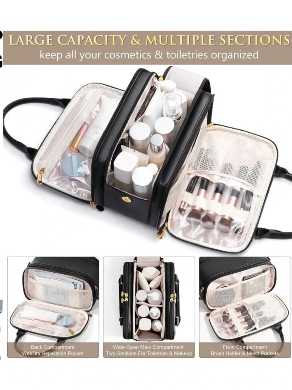 Large  new Capacity Quilted Travel Makeup Bag - Stand-Up Cosmetic Organizer Pouc